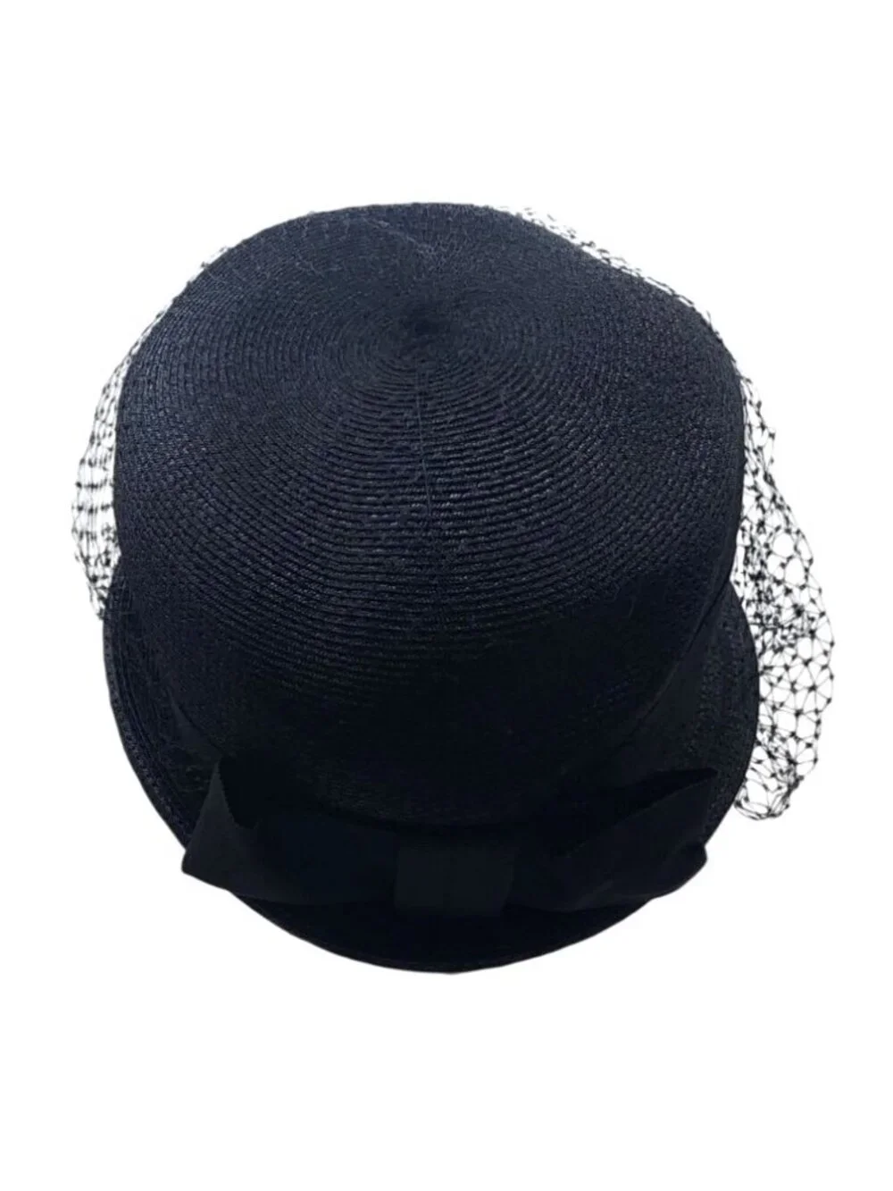 Black Cloche Hat Raffia Straw W/ Birdcage Netting & Bow Evelyn Varon Exclusive